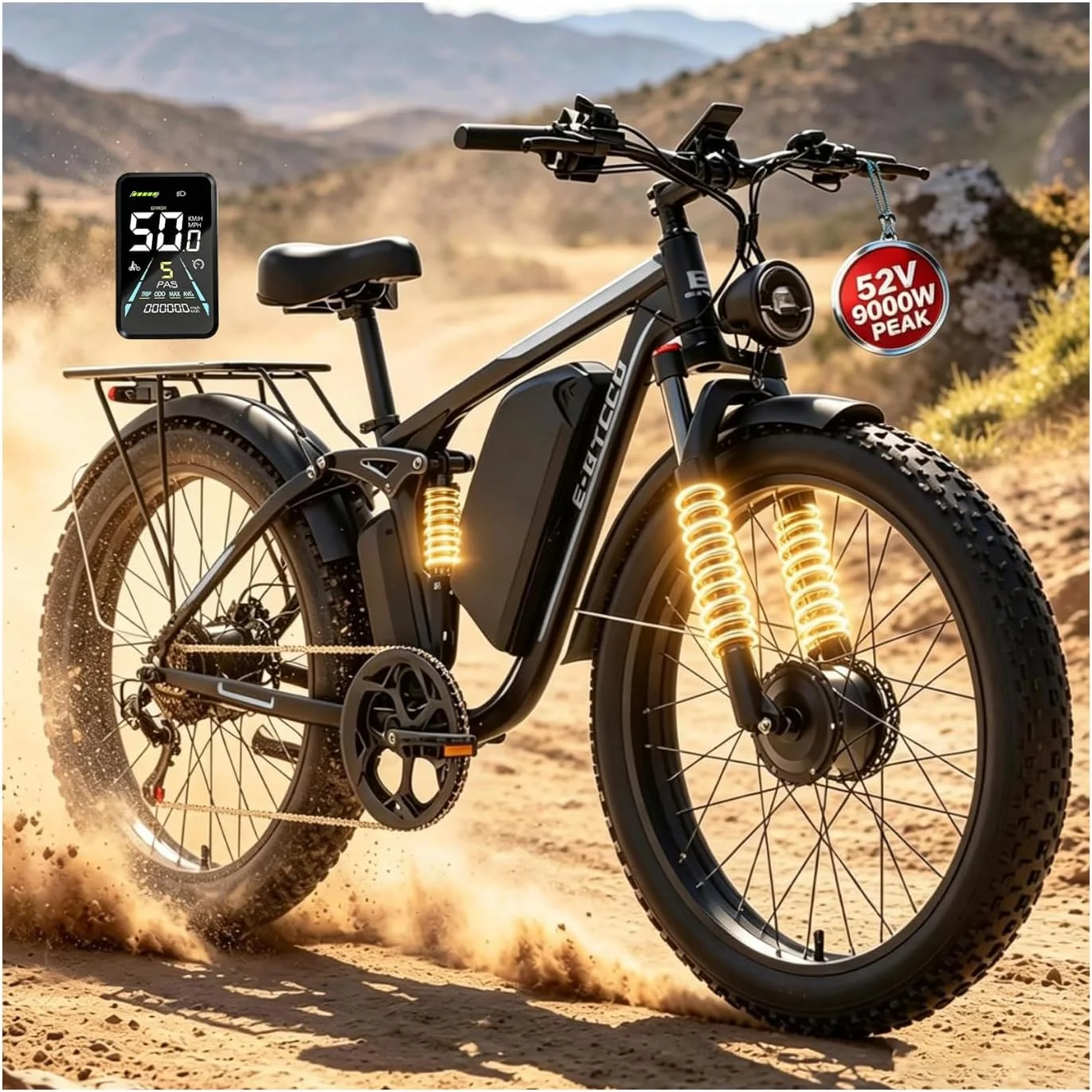 9000W Peak Electric Bike for Adults, 52V 32AH Dual Motor E-Bike, Up to 110Mile & 50MPH All-Terrain Fat Tires Full Suspension 24/26" Electric Bicycle Hydraulic Disc Brake for Road UL2849 by SGS