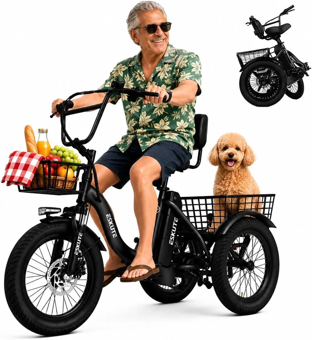 ESKUTE Electric Tricycle Bike, Peak 1200W Brushless Motor Folding Trike 18 x 3.0 Fat Tire Ebike, 624Wh Battery, Step-Thru 3 Wheel Electric Bicycle, Up to 65 Miles & 18 MPH Tricycle for Adults